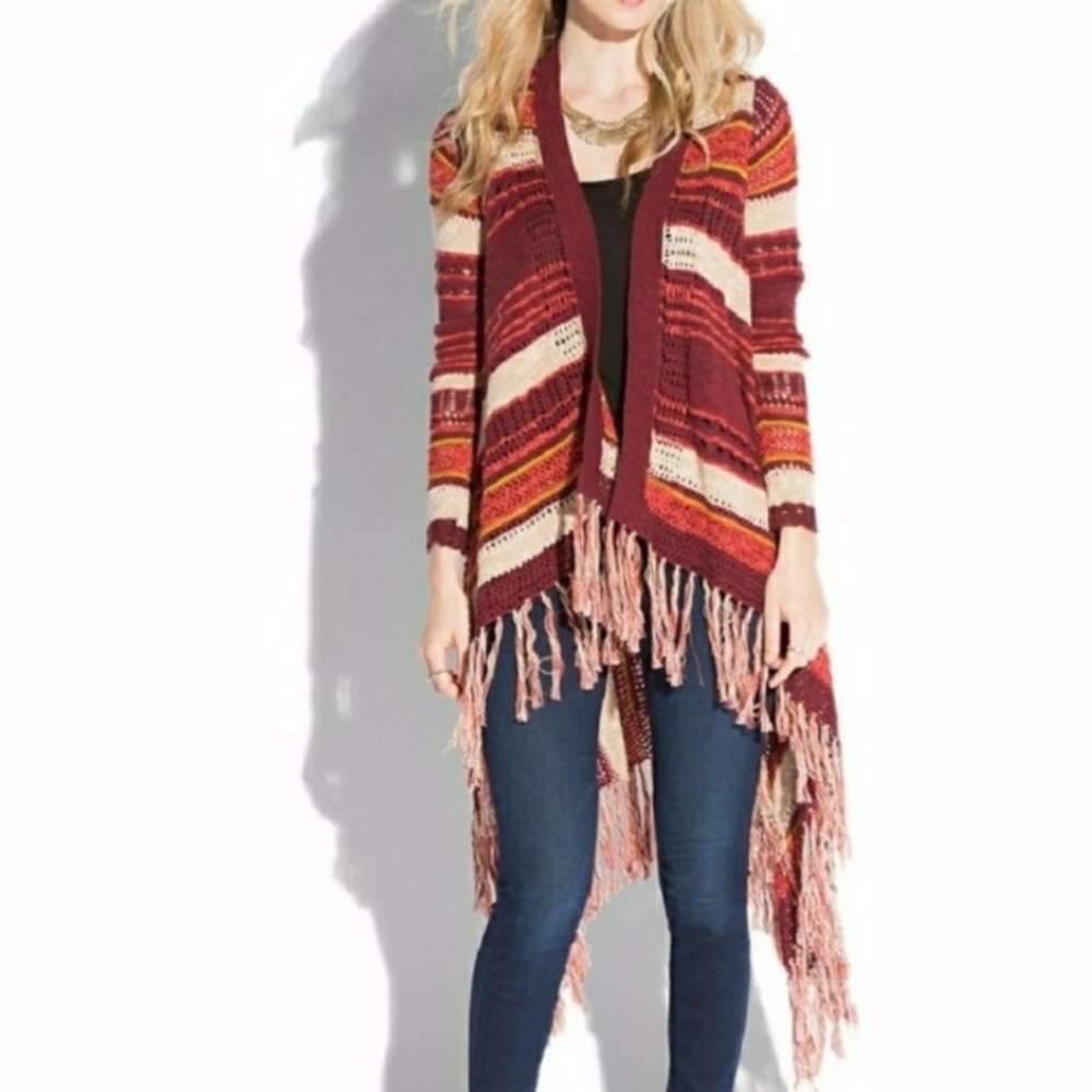 LUCKY BRAND STRIPED FRINGE BOHO CARDIGAN DUSTER